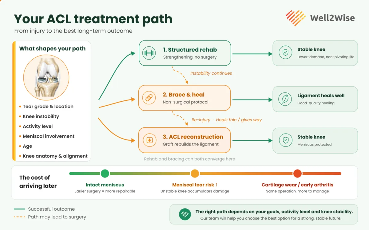 Your ACL treatment path infographic: the three pathways, structured rehab, brace and heal, and ACL reconstruction, and how tear grade, knee instability, age, meniscal involvement and activity level shape which is right, with a timeline showing the rising cost of delaying surgery